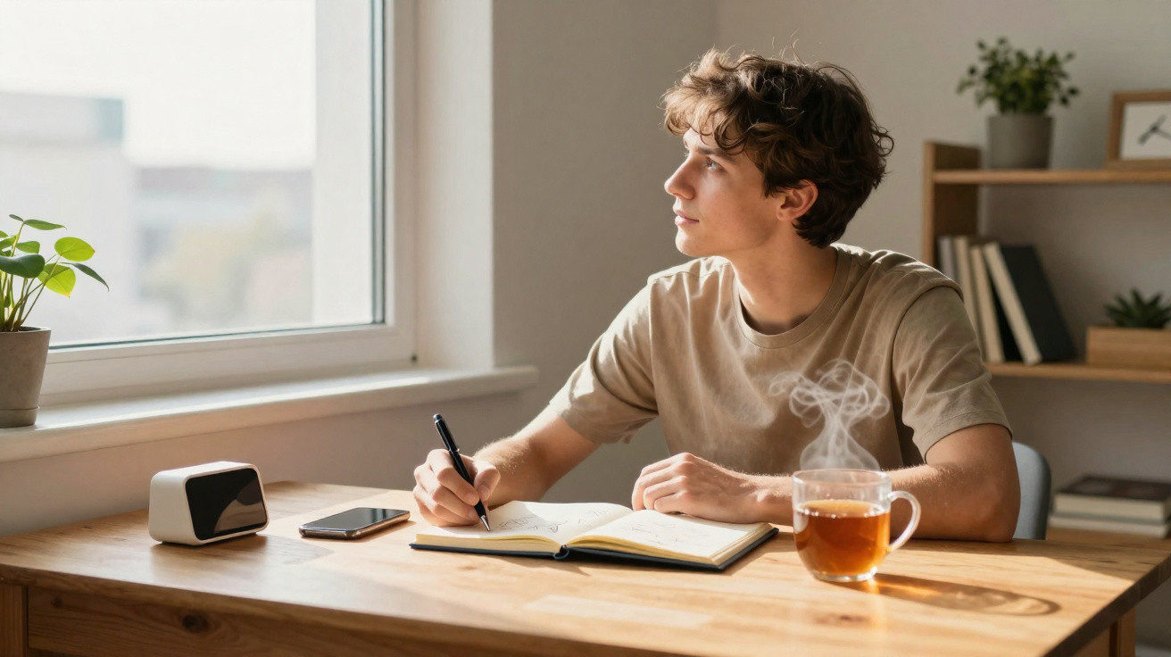 Jovem rapaz escrevendo em caderno, olhando pela janela, com xícara de chá quente em mesa de madeira.