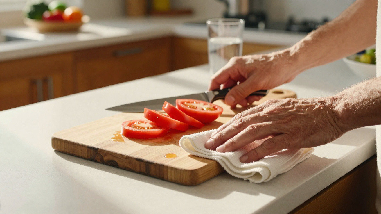 Mãos fatiando tomates frescos em uma tábua de madeira sobre bancada de cozinha clara.