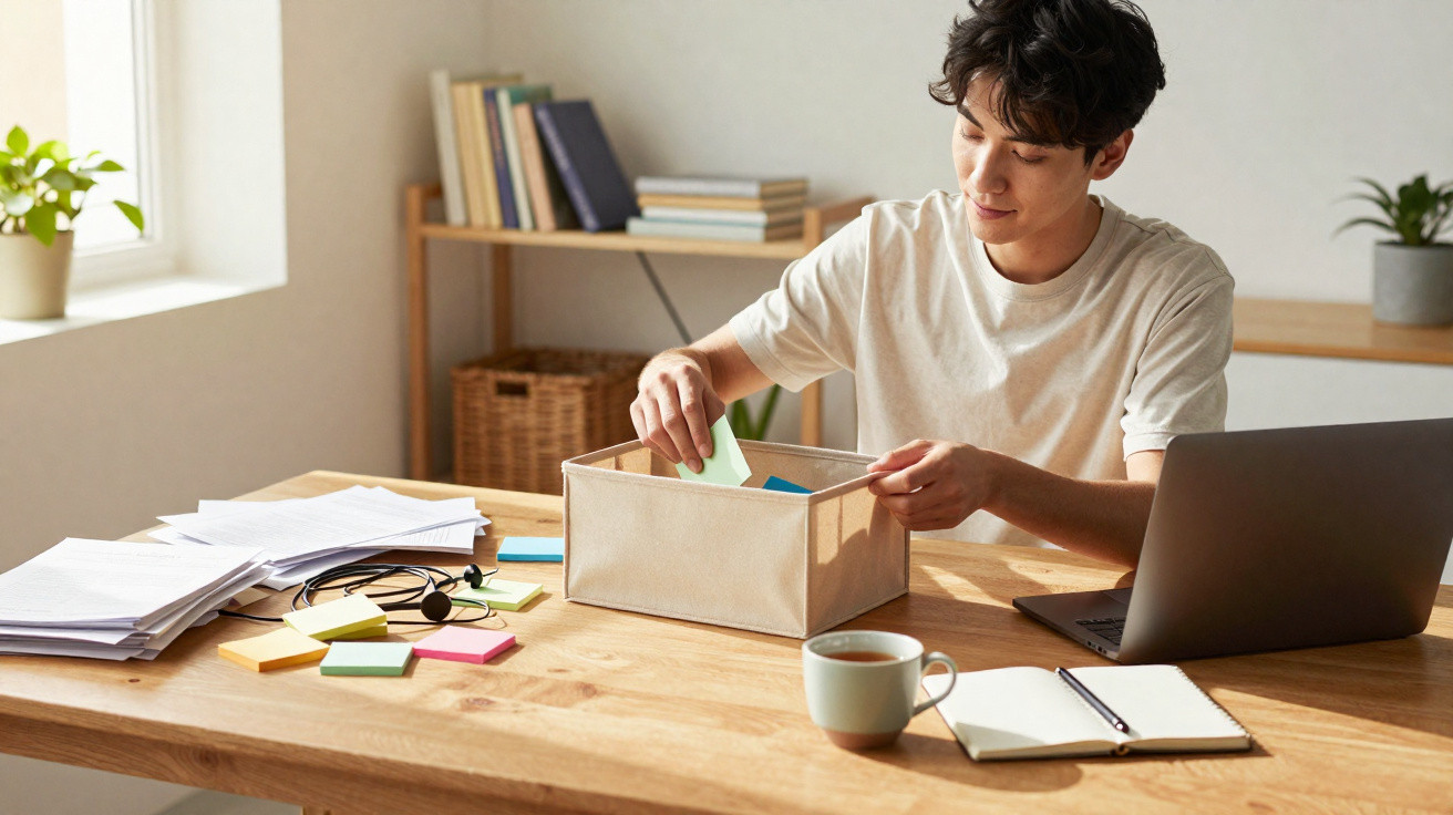 Jovem organizando cartões coloridos em caixa sobre mesa com laptop, cadernos e xícara de café.