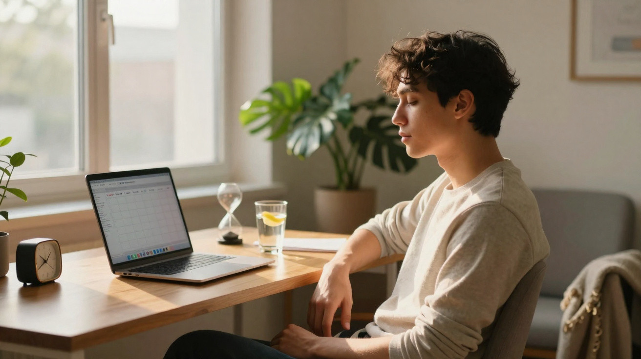 Jovem sentado em uma cadeira fazendo meditação ao lado de laptop em uma mesa com planta e copo de água.