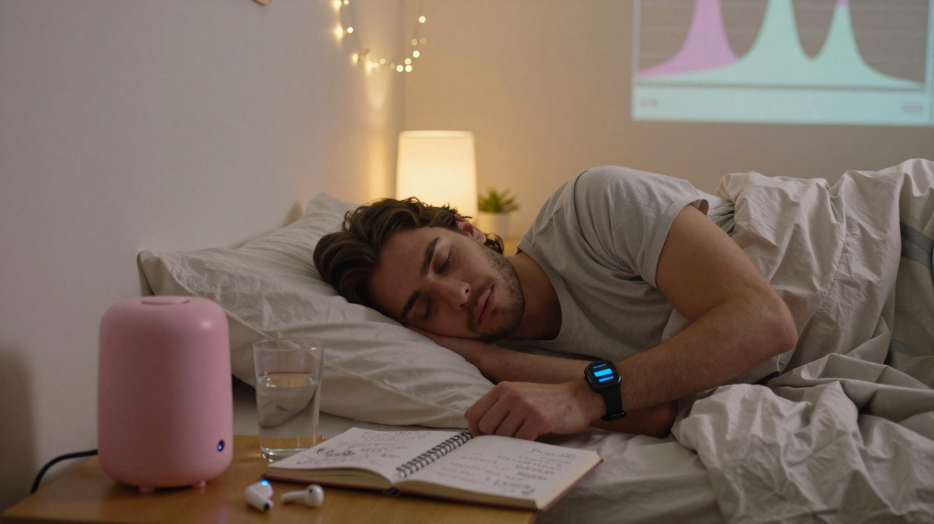 Jovem dormindo no quarto com despertador digital, copo de água, fones e caderno aberto na mesa ao lado da cama.