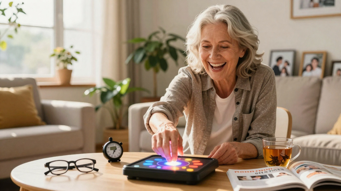 Mulher idosa sorridente usando tablet iluminado colorido em mesa com chá, óculos e relógio, em sala aconchegante.