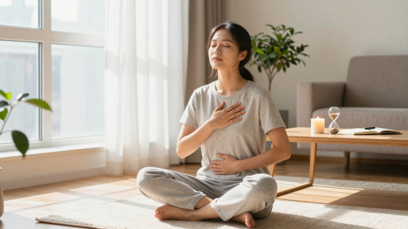 Mulher meditando sentada de pernas cruzadas em ambiente iluminado com mão no peito e no abdômen.