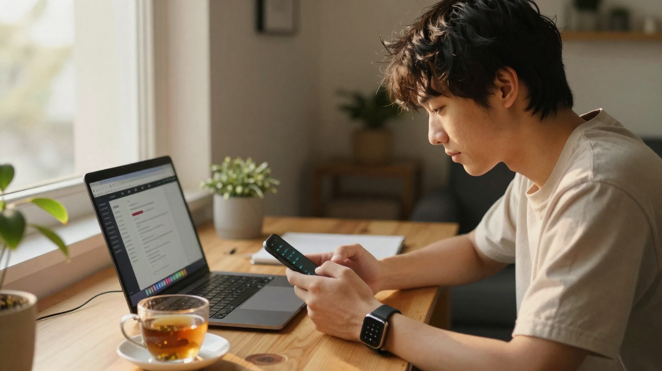 Jovem sentado à mesa usando smartphone com laptop aberto e xícara de chá ao lado em ambiente iluminado.