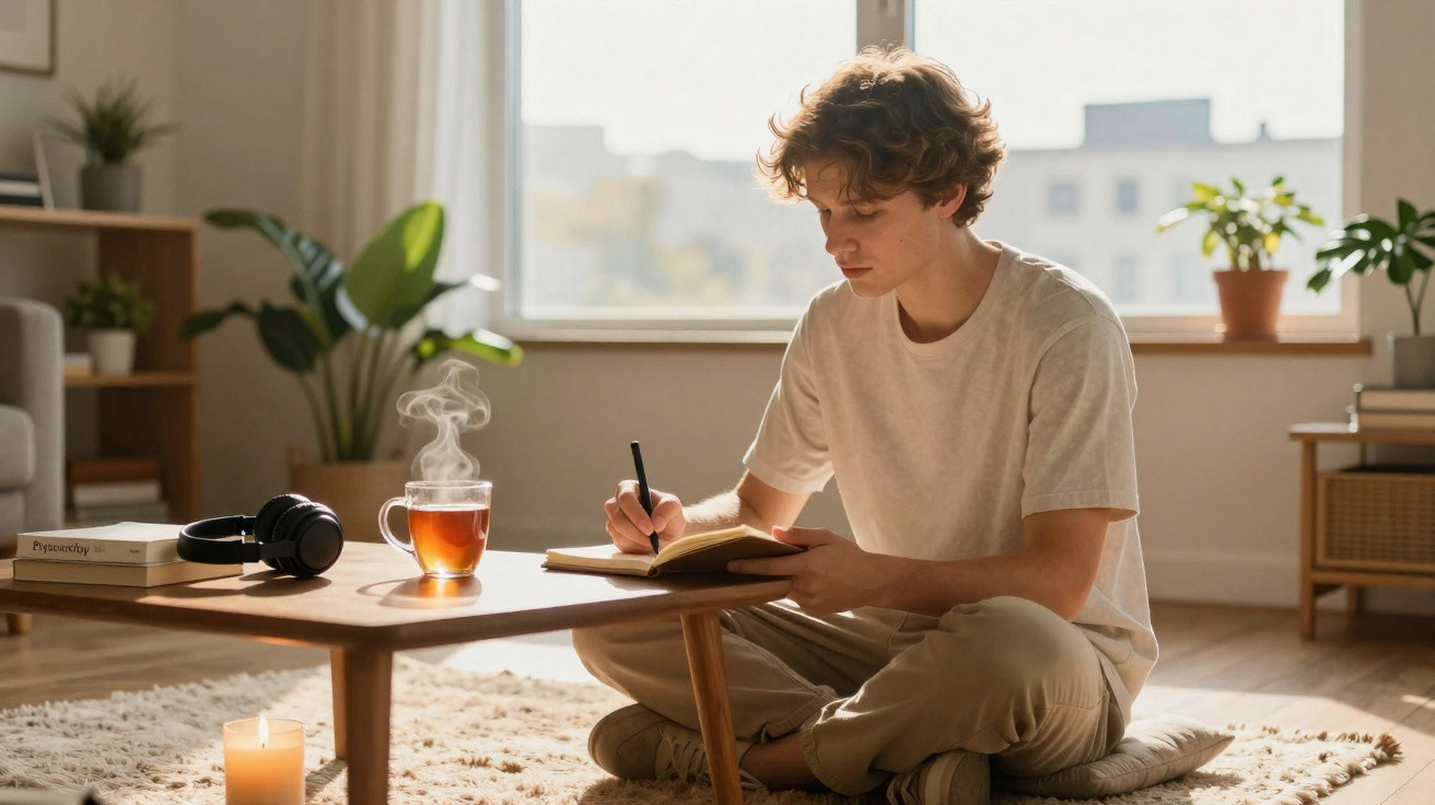 Jovem sentado no chão escrevendo em caderno, com chá quente e vela acesa na mesa de centro.