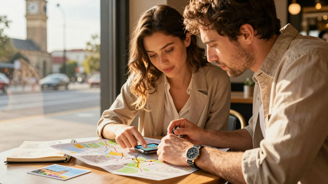 Casal sentado em café olhando mapa e usando celular perto da janela em dia ensolarado.
