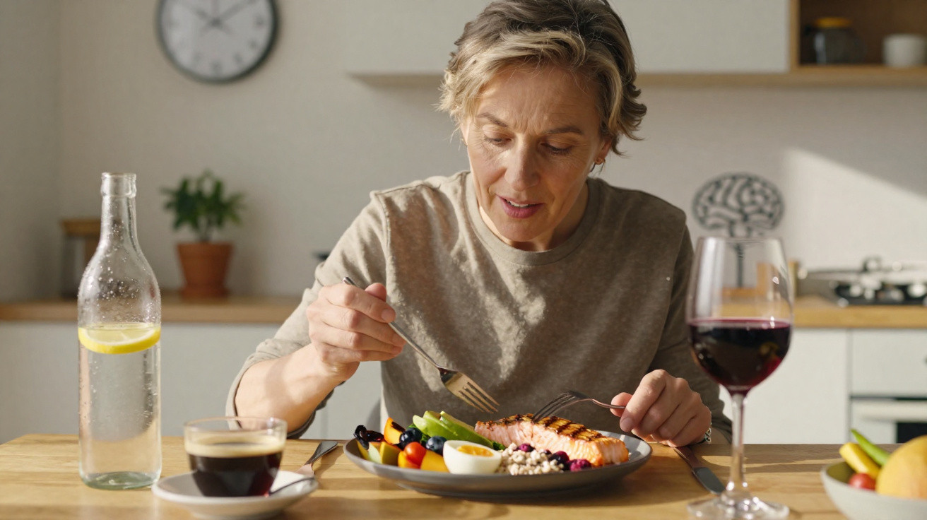 Mulher adulta comendo salmão grelhado e legumes em cozinha iluminada pela manhã.
