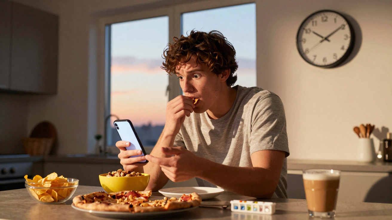 Jovem sentado na cozinha comendo pizza, olhando para o celular durante o pôr do sol.