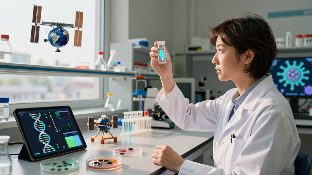 Cientista em laboratório analisa amostra com holograma e tela de DNA em tablet ao lado.