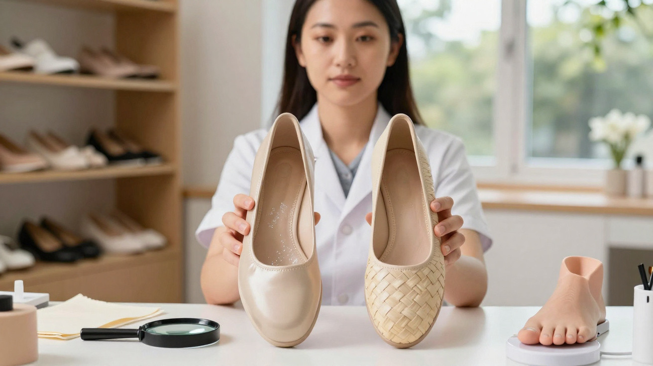 Mulher comparando sapatos femininos bege, com lupa e prótese de pé na mesa branca em clínica ortopédica.