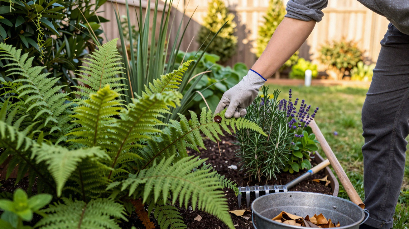 Pessoa com luva cuidando de samambaia e plantas em canteiro de jardim residencial.