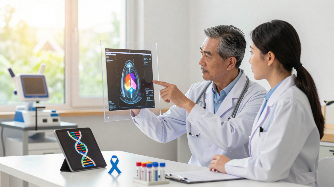 Dois médicos analisam imagem digital colorida de exame cardíaco em sala de consulta médica.
