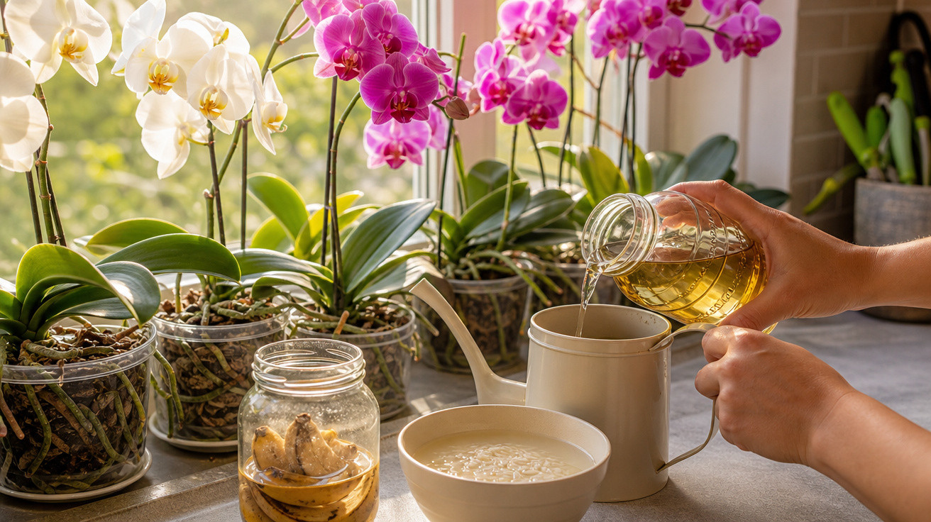 Mãos regando orquídeas brancas e rosas em vasos transparentes ao lado de pote de biscoitos e regador branco.