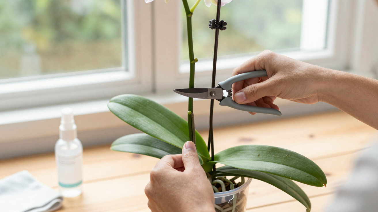 Pessoa podando ramo de orquídea com tesoura perto da janela em mesa de madeira.