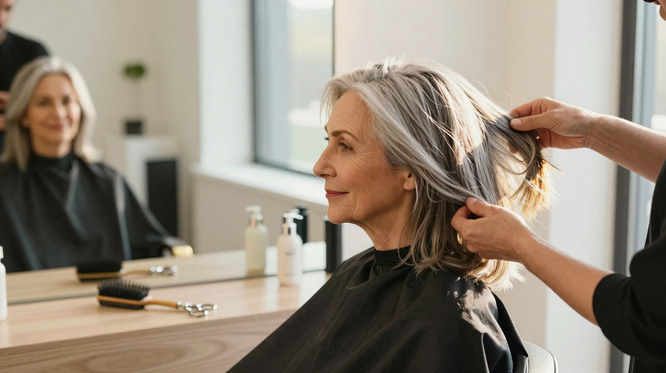 Mulher madura sorridente recebendo corte de cabelo em salão com cabeleireiro arrumando seus fios grisalhos.