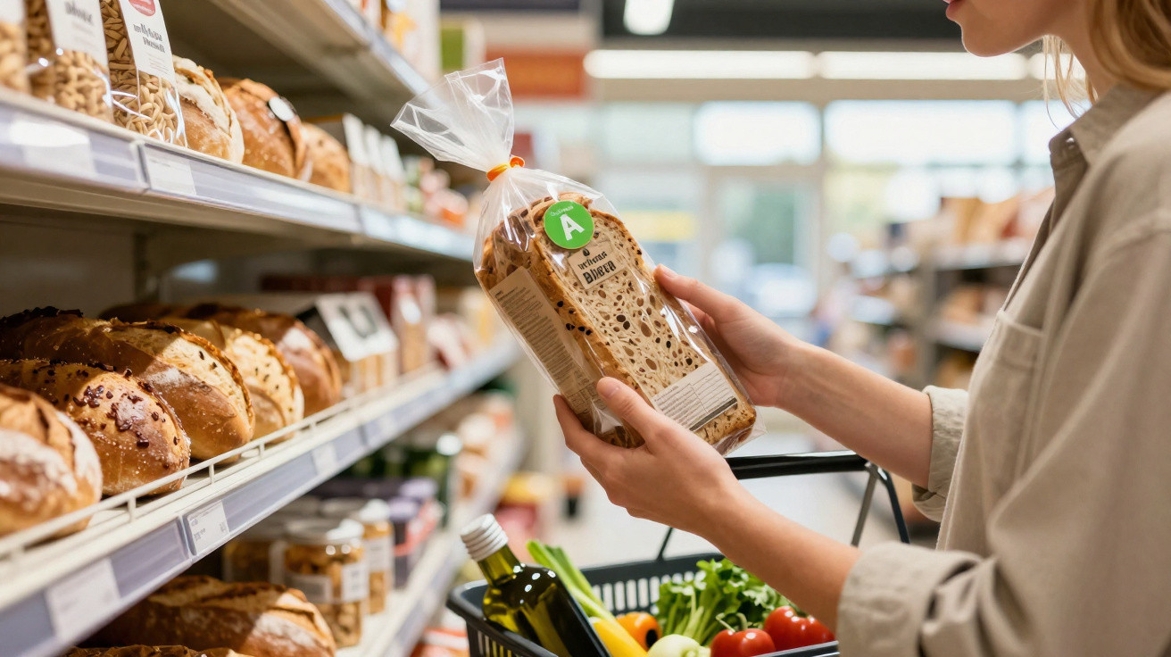 Pessoa segurando pão integral embalado em supermercado na seção de padaria.