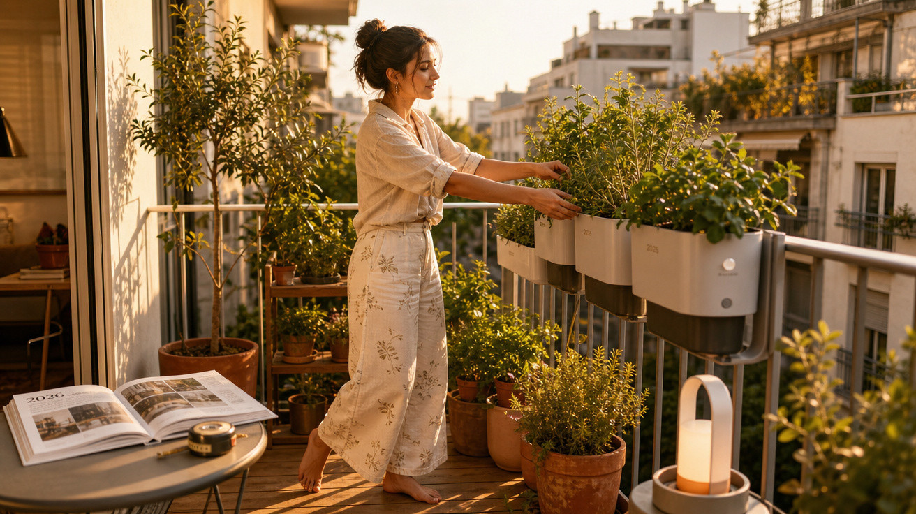 Mulher cuidando de plantas em varanda com luz dourada do pôr do sol em área urbana.