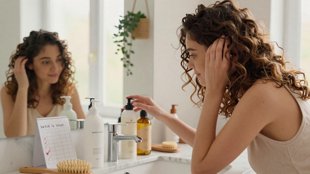 Mulher com cabelo cacheado aplica produto no rosto em banheiro com espelho e sabonetes.