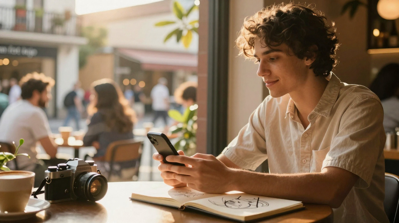 Jovem sentado em cafeteria olhando celular, com caderno de desenhos e câmera sobre a mesa.