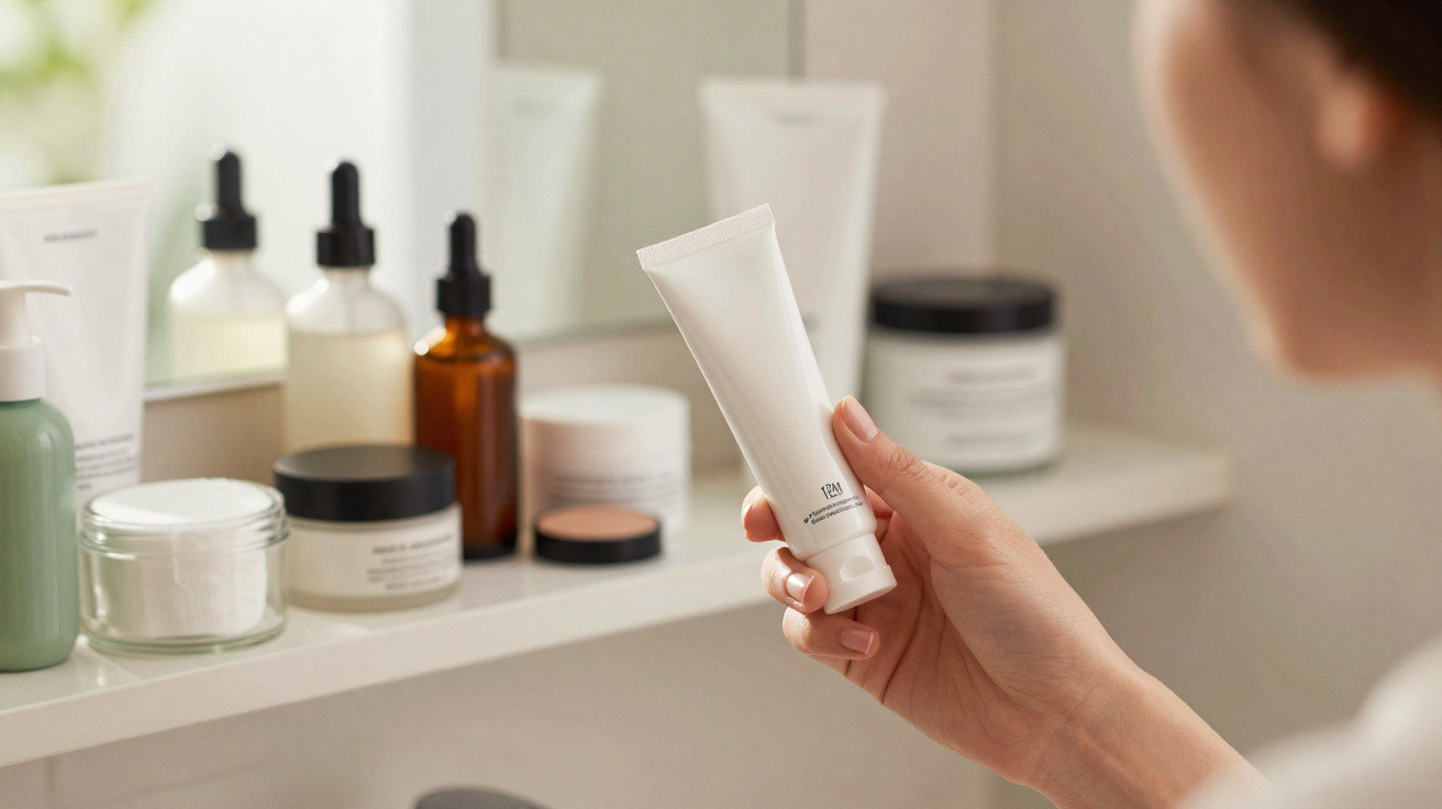 Pessoa segurando tubo branco de cosmético na frente de espelho com produtos de cuidados na bancada.
