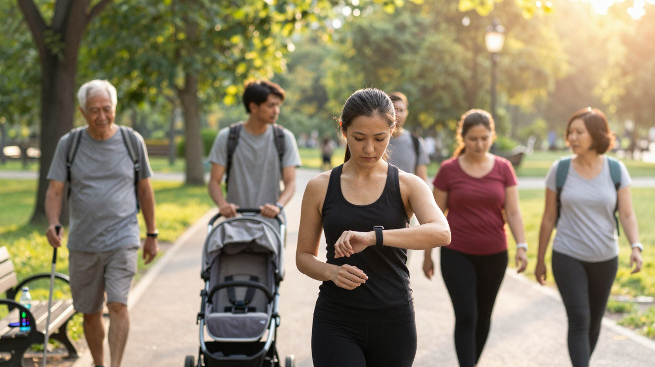 Grupo de pessoas caminhando em parque ensolarado com árvores e carrinho de bebê ao fundo.