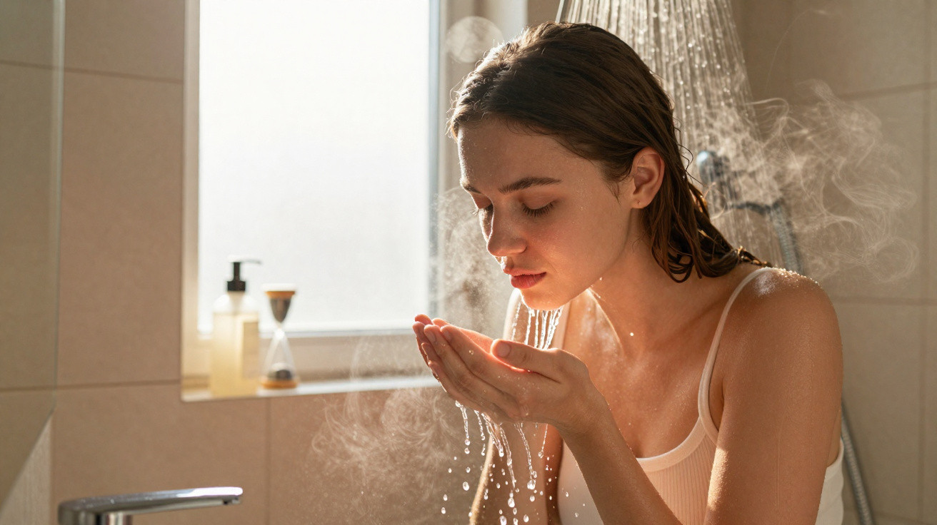 Mulher com roupa clara lavando o rosto com água quente, vapor e chuveiro ao fundo em banheiro iluminado.