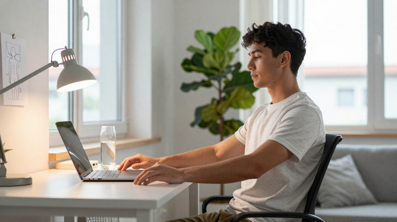 Jovem sentado em cadeira trabalhando com notebook em mesa clara próximo à janela iluminada.