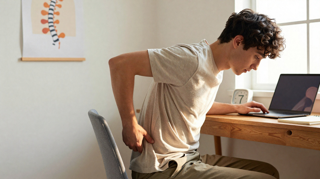 Jovem sentado em cadeira de escritório segurando a lombar com expressão de dor, ao lado de mesa com computador.