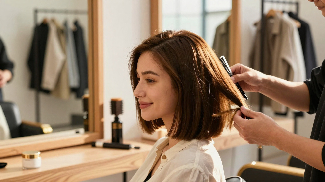 Mulher sorrindo enquanto profissional penteia seu cabelo curto em salão de beleza moderno.