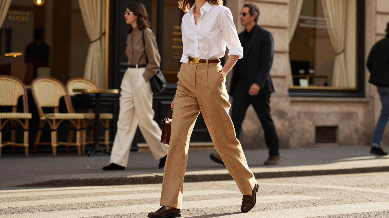 Mulher elegante atravessa rua usando camisa branca e calça marrom claro, com pessoas desfocadas ao fundo.
