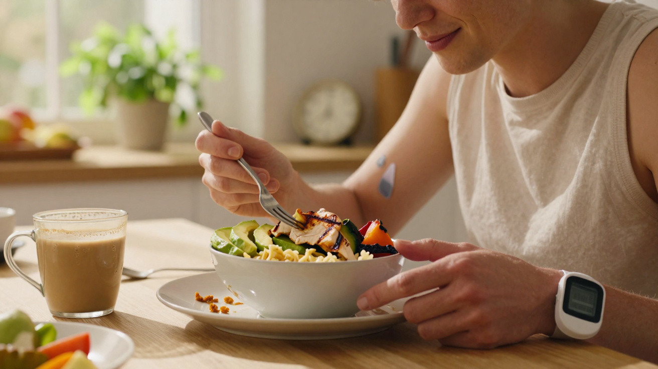 Pessoa segurando garfo e comendo salada com café em ambiente iluminado e aconchegante.