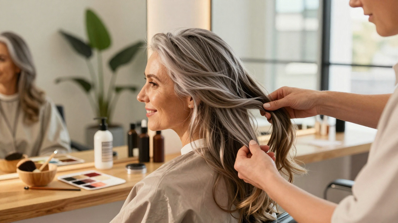 Mulher com cabelos grisalhos sorrindo enquanto cabeleireiro arruma seu cabelo em salão iluminado.