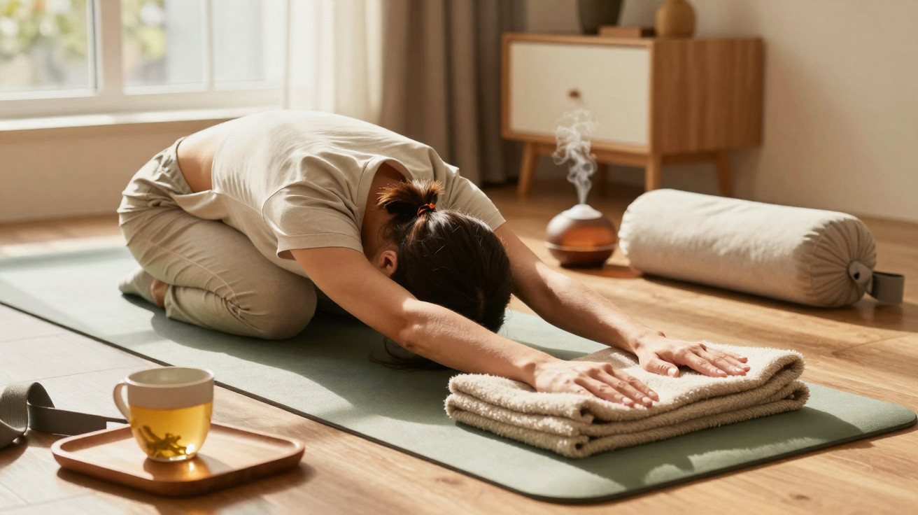 Pessoa fazendo alongamento sobre tapete de yoga em ambiente com luz natural e acessórios de relaxamento.