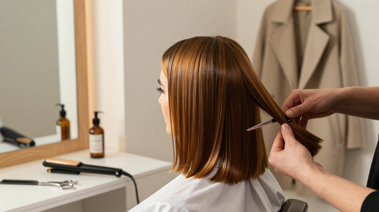Cabeleireiro cortando cabelo liso e ruivo de mulher sentada em salão de beleza.