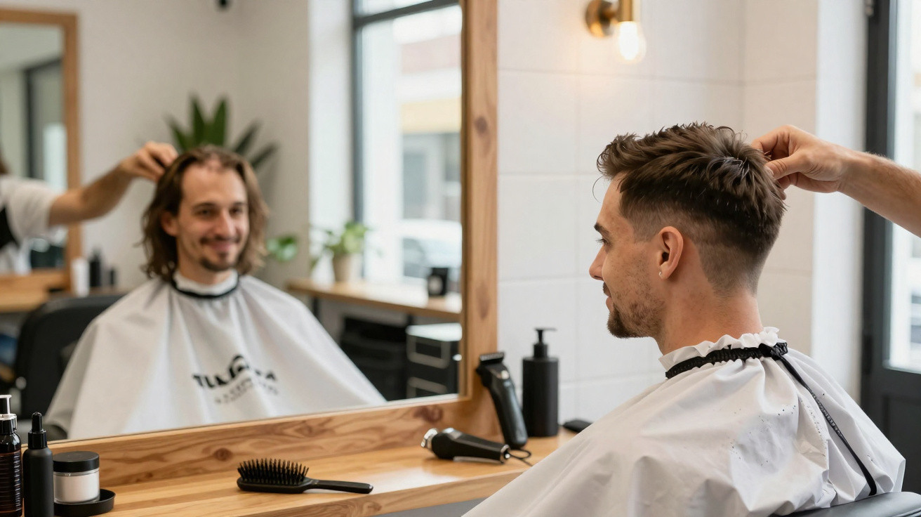 Homem sorridente fazendo corte de cabelo em salão, visto pelo espelho.