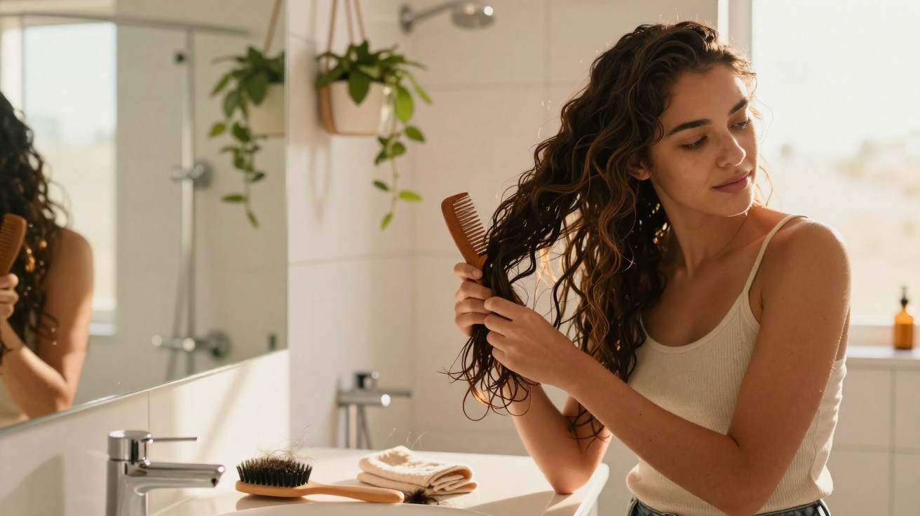 Mulher penteando cabelo molhado em banheiro iluminado com plantas e espelho.