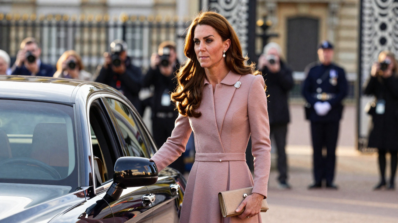 Mulher elegante com vestido rosa abrindo porta de carro preto, com fotógrafos e pessoa em uniforme ao fundo.