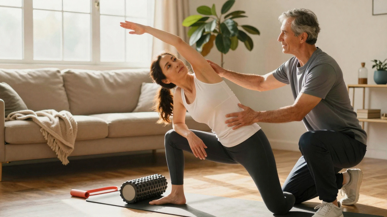 Mulher fazendo alongamento lateral com ajuda de homem em sala com sofá e plantas ao fundo.