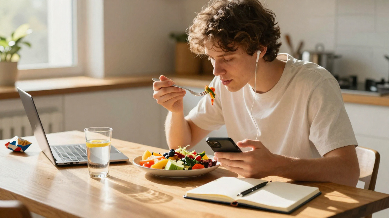 Jovem com fones comendo salada enquanto usa celular, laptop e caderno em mesa de madeira iluminada.