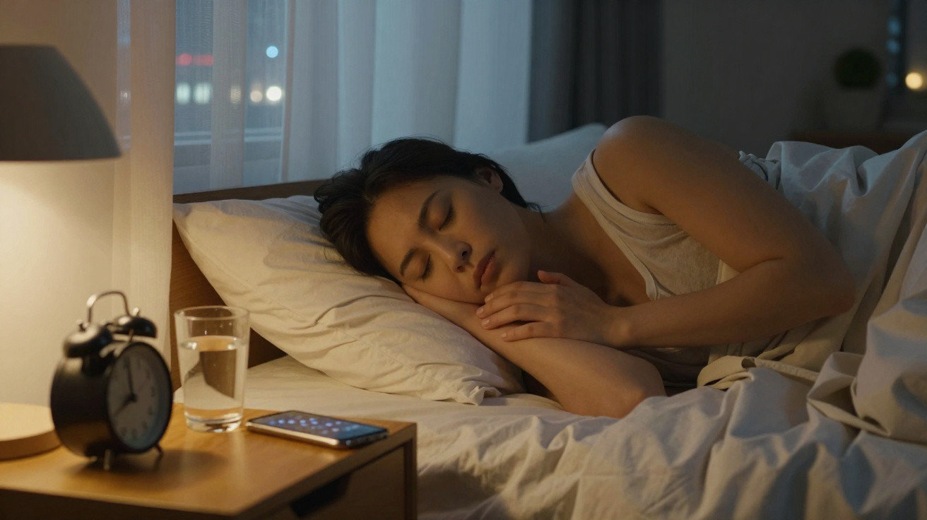 Mulher dormindo na cama à noite, com abajur ligado, despertador, copo d'água e celular na mesa ao lado.