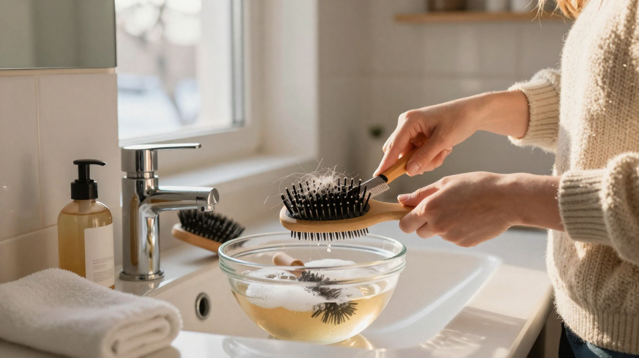 Pessoa limpando escova de cabelo com pentes e água de sabonete líquido em pia de banheiro iluminado.
