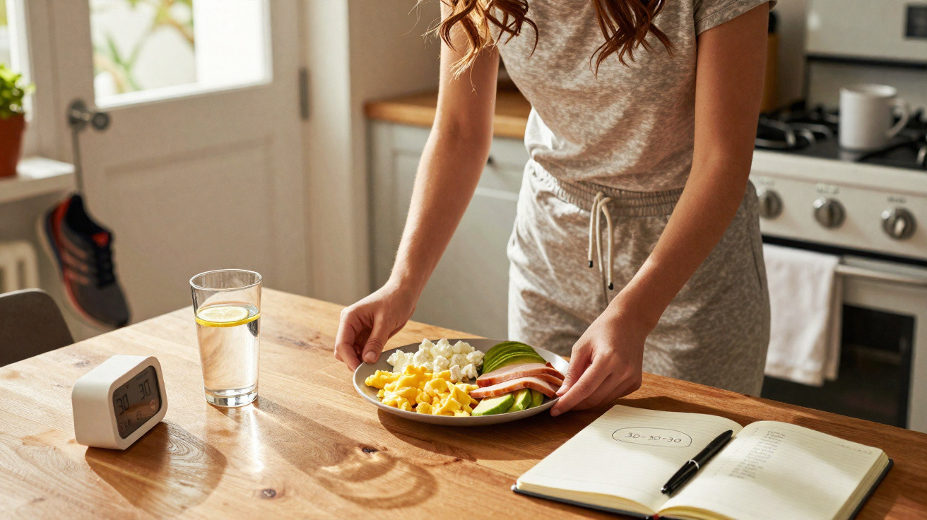 Pessoa segurando prato com ovos, abacate e queijo em cozinha, ao lado de copo d'água, relógio e caderno aberto.