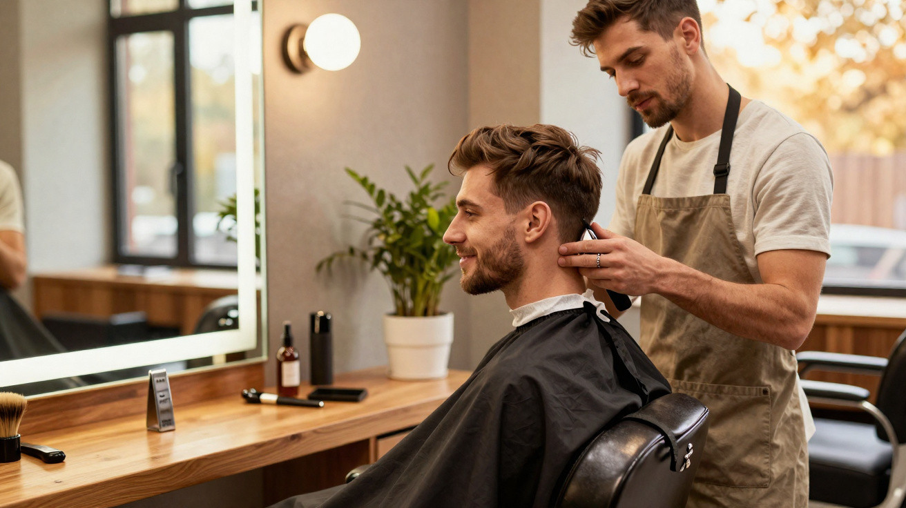 Homem sorridente recebendo corte de cabelo em barbearia moderna com móvel de madeira e espelho iluminado.