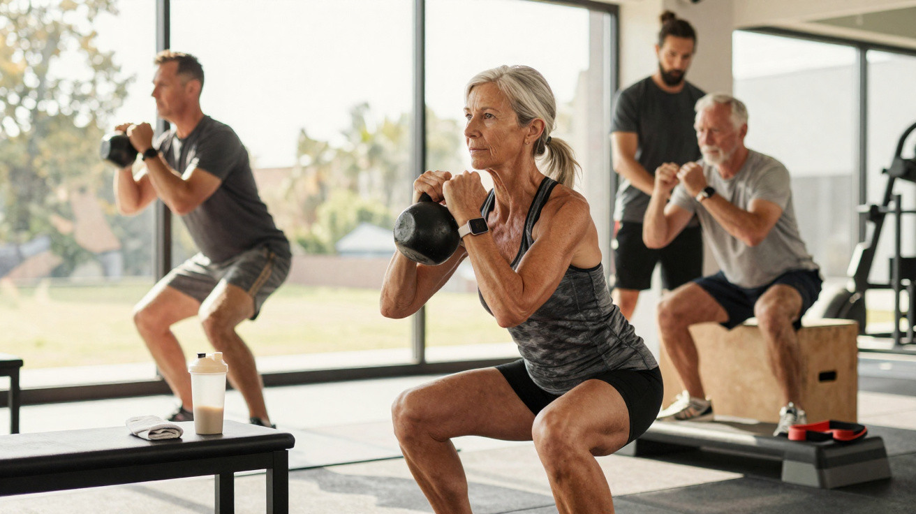 Pessoas maduras fazendo exercício com kettlebells em academia iluminada por luz natural.