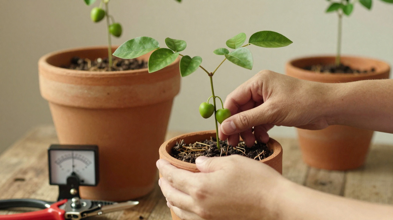 Mãos cuidando de uma muda em vaso de barro, com outras plantas e ferramenta de jardinagem ao fundo.