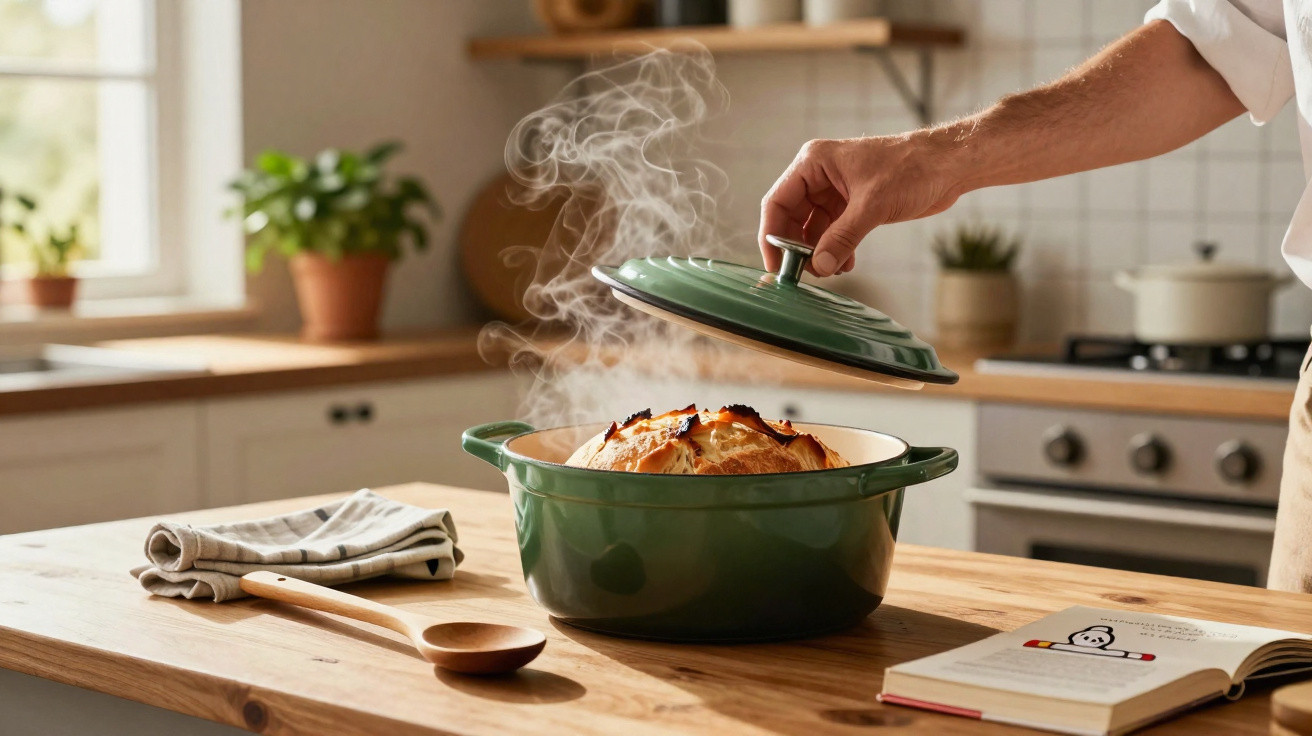 Pessoa abrindo tampa de panela verde com pão assado e vapor na cozinha iluminada pela manhã.