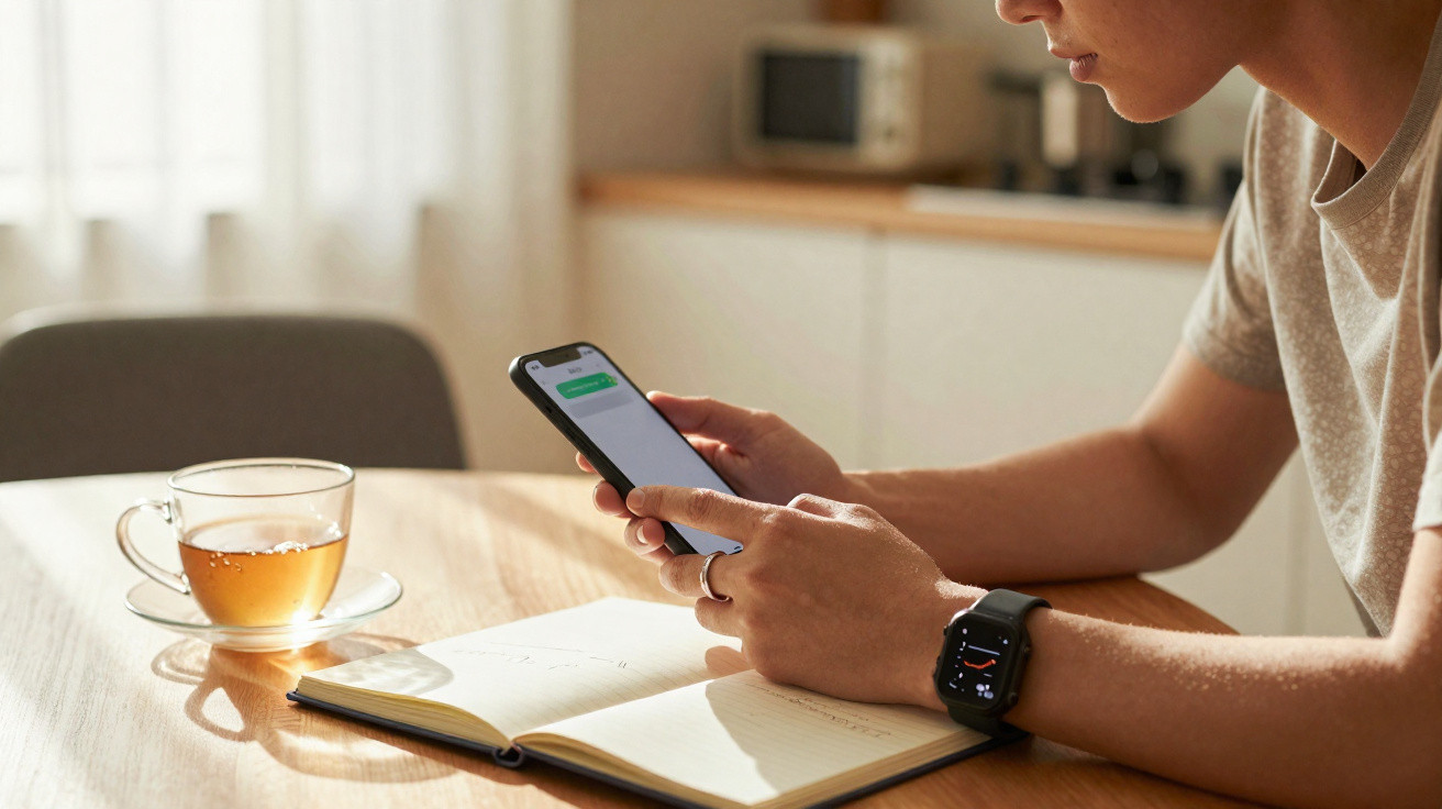 Pessoa usando celular e relógio inteligente sentada à mesa com caderno aberto e xícara de chá.