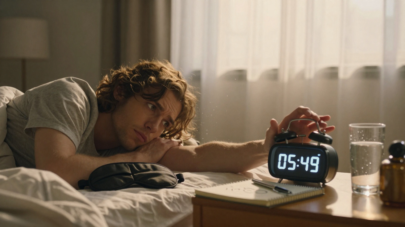 Homem acordado e cansado deitado na cama, olhando para o relógio despertador que marca 05:49.