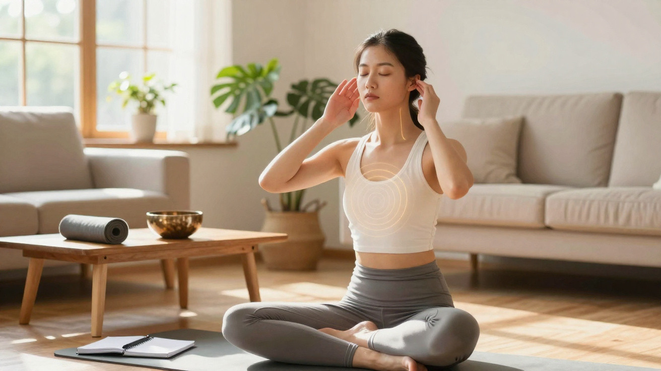 Mulher jovem meditando sentada em posição de lótus em casa com luz natural e decoração aconchegante.