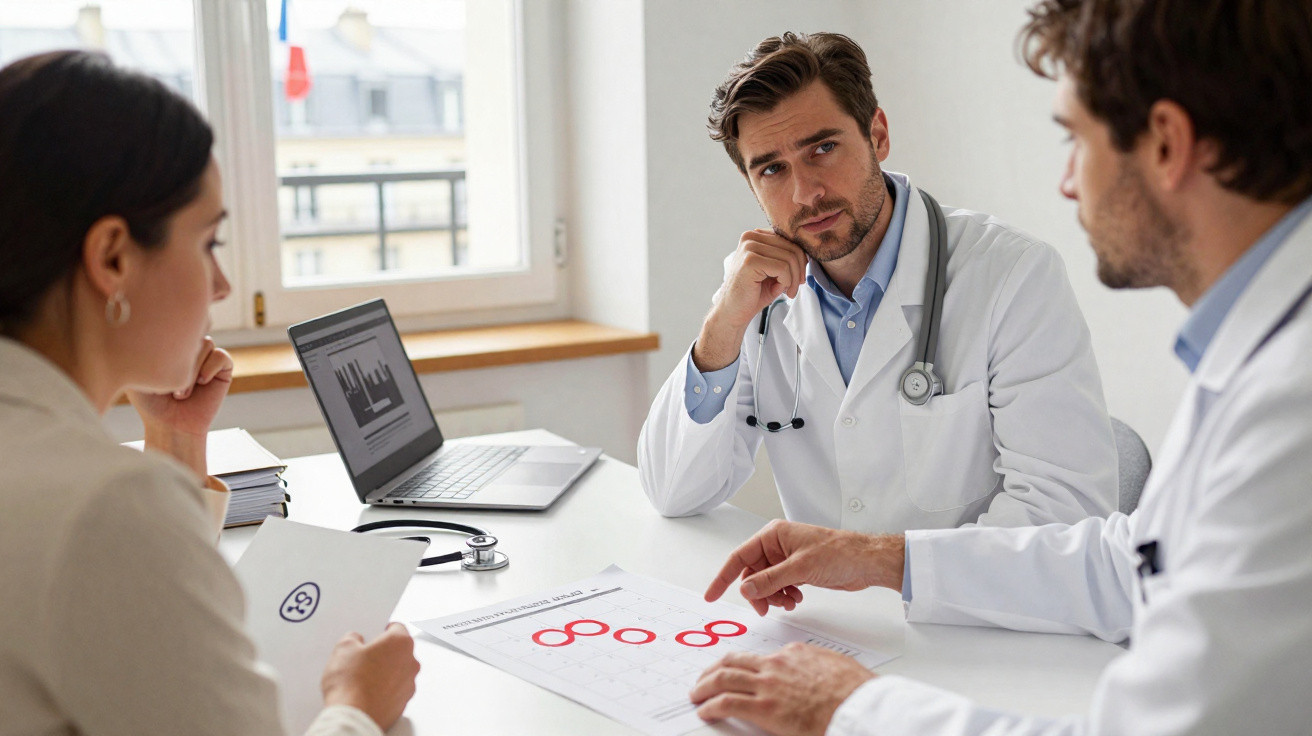 Dois médicos discutem resultados de exames com uma mulher em um consultório moderno.